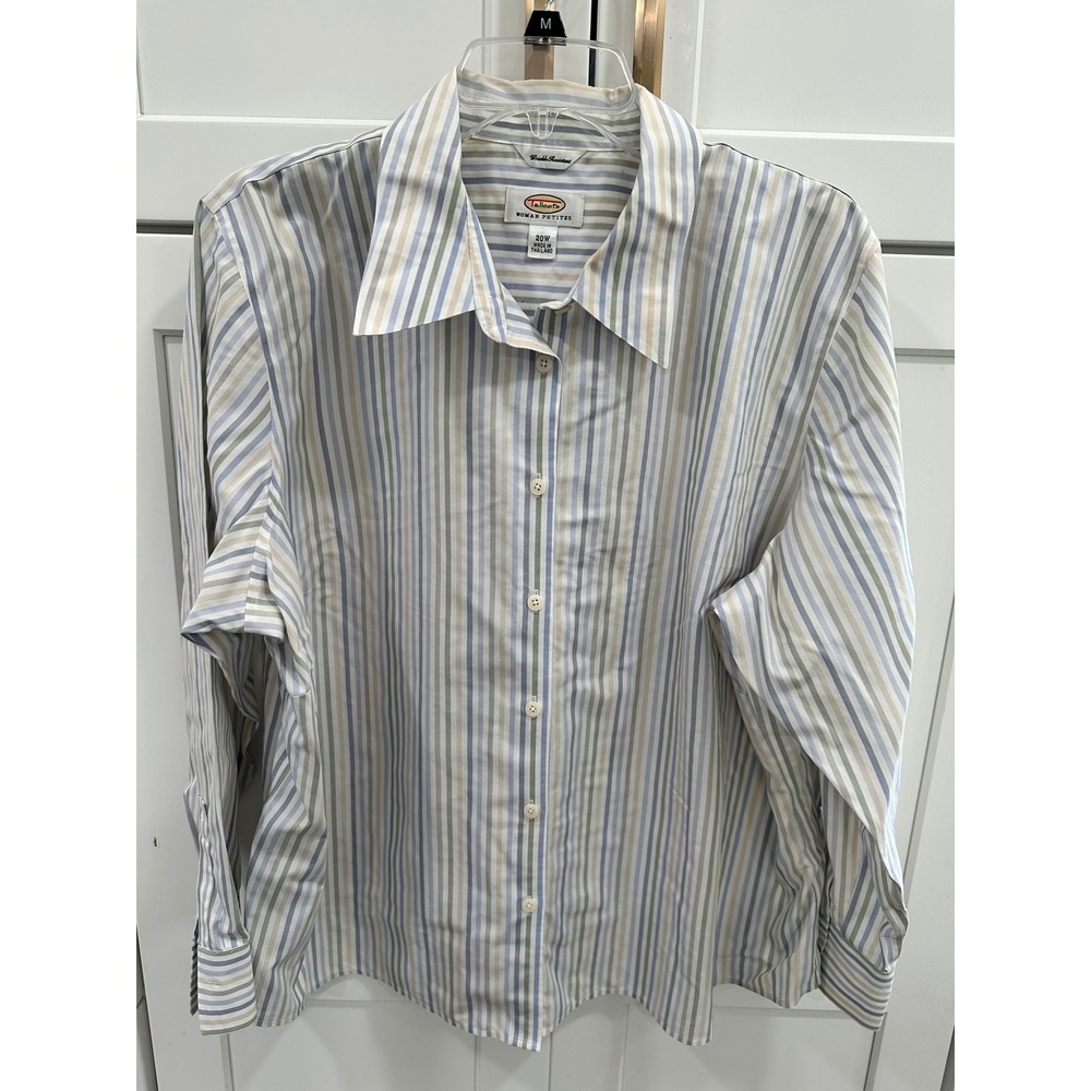 Talbots Woman Petites 20W Striped Button Up Shirt Blue Green Wrinkle Resistant